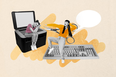Creative full art collage of happy business partners girl guy stand office keypad bubble communication laser printer equipmentの写真素材