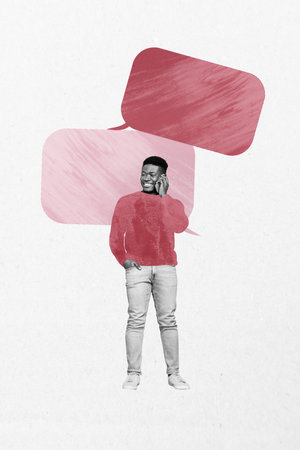 Art image vertical photo collage of happy american speak phone bubble cloud communication speech...