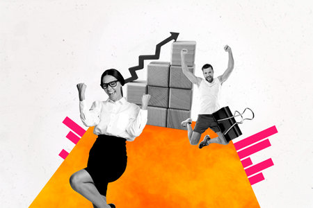 Exclusive art banner collage of excited business partners girl guy jump arrow development progress...