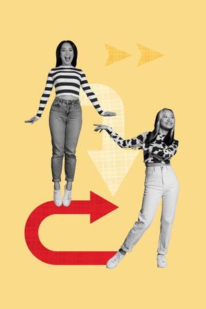 Vertical art 3d creative image collage of two happy business partners dance arrow development...