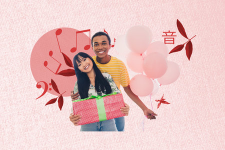 Exclusive image full photo collage of happy korean girl stand tree sakura flower bloom park eastern tradition music noteの写真素材