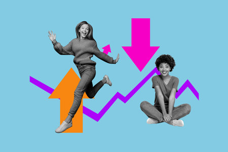 Creative trend image collage two people girls winning arrows on blue color background