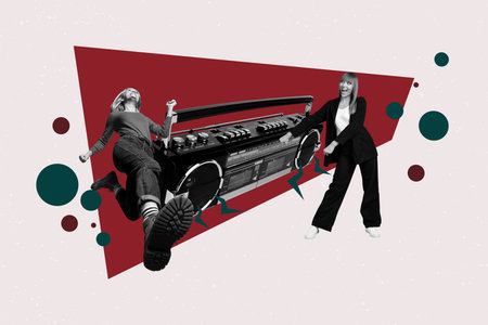 Creative template collage of person dancing with tape player on white red background