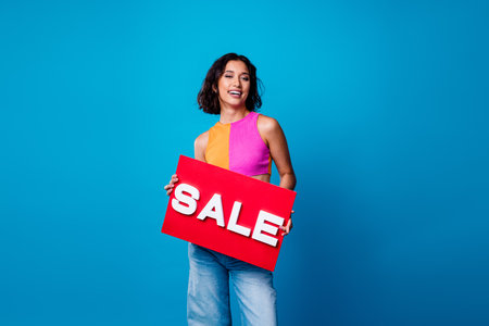 Young woman with short brunette hair holding a red sale sign, smiling against bright blue...