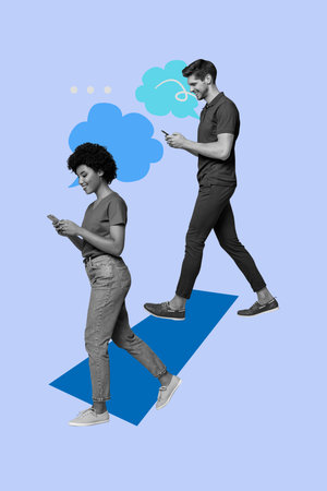 Sketch art 3d creative collage of happy girl guy stand colorful cloud notification speech dialogue icon communication chatの写真素材