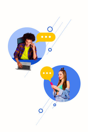 Exclusive artwork banner creative collage of two happy girl guy speak phone bubble communication...