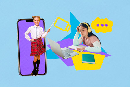 Artwork sketch design montage 3D collage of smartphone two young girl frineds video call headphones...