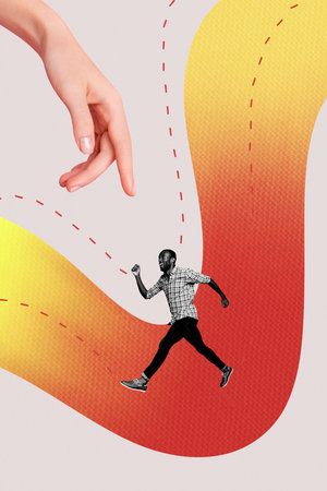 Vertical contemporary photo collage of happy american businessman run road path development hand point determination successの写真素材