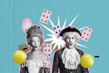 Template sketch composite artwork collage of couple man lady retro style costume stand card game...