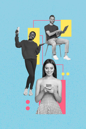 Banner vertical art collage of happy business partners girl guy freelancer receive chart development...