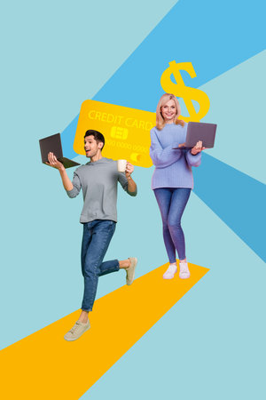 Poster image vertical photo collage of two happy girl guy hold laptop dollar income credit card...