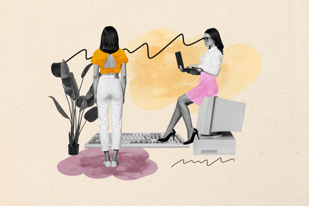 Composite banner 3d art collage of two happy business partners girl guy stand pc monitor freelancer development career promotionの写真素材