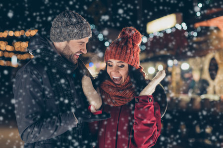 Be my wife. Portrait of his he her she nice attractive charming lovely cheerful cheery glad delighted couple wearing warm outfit guy making life partnership proposal 14 February engage outdoorsの写真素材