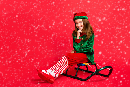 Portrait of her she nice attractive charming cheerful cheery funny sweet pre-teen elf santa claus...