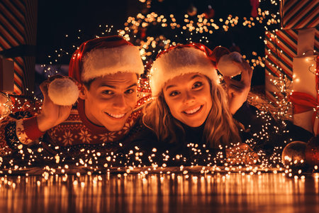 Full size photo of lovely young couple lying floor touch hat pompom dressed christmas outfit day light home party decoration interior roomの写真素材