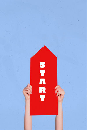 Trend artwork banner sketch 3D photo collage of incognito hand hold banner arrow show direction finger point target aim startup jobの写真素材