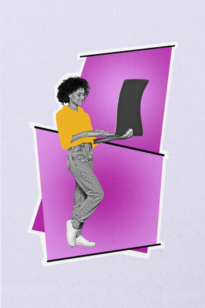 Composite 3D collage trend artwork template design of cyberspace african race young lady student stand surreal space hold laptop computerの写真素材