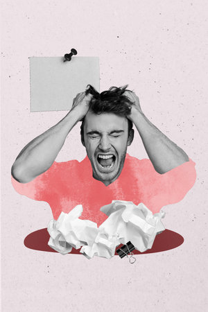 Trend composite sketch template 3D photo collage of young guy student face emoji loud voice scream ball paper trash overloaded overwhelmedの写真素材