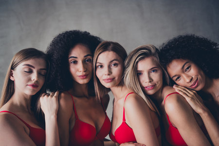 Photo of five pretty lovely model women smile cuddle enjoy selves wear red lingerie grey wall studio...