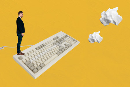 Composite photo collage of serious businessman novelist stand keypad typewriter crumpled paper...