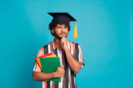 Photo of attractive doubtful guy wear striped shirt mortarboard finish education emtpy space isolated blue color backgroundの写真素材