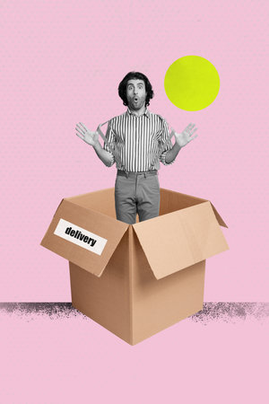 Sketch banner poster image art collage of happy girl guy carry delivery box arrow direction shipment...