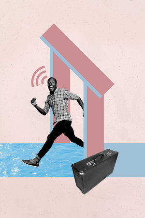 3d sketch image vertical collage of happy businessman businesswoman run geometric figure briefcase development wifi networkの写真素材