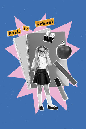 Trend artwork composite banner 3D photo collage of schoolgirl uniform smile stand copybook apple back to school september autumn seasonの写真素材