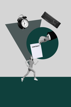 Trendy 3d image vertical photo collage of happy businessman businesswoman stand contract paper keypad alarm deadline limitの写真素材