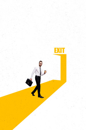 Poster trend sketch template collage of young man walk hold coffee silhouette open door exit rest hr worker entrepreneur job recruitmentの写真素材