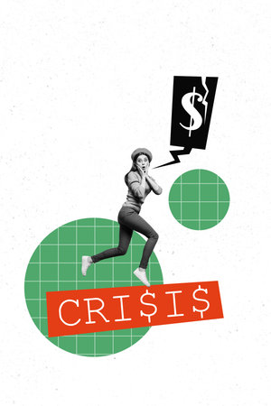Composite montage trend artwork 3D collage of young lady walk speech cloud dollars crisis devaluation inflation economy finance investorの写真素材