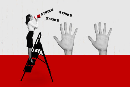 3D collage trend composite poster of election democracy government leader social citizen young lady stand ladder talk loudspeaker strikeの写真素材