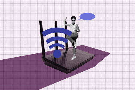 Pop trend collage of person stand win router with 4g connection on purple backgroundの写真素材