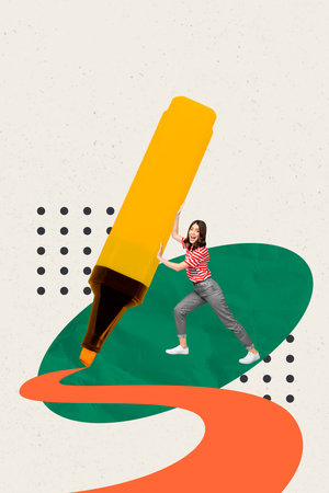 Trend artwork collage template composite sketch of office manager supplies huge size marker highlighter young lady hold draw line smileの写真素材