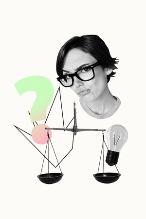 Art image vertical photo collage of minded girl stand scale comparison idea light bulb plan question...