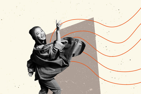 Trend artwork sketch design montage 3D collage of copyspace young lady asian race smile dance wear hat style outfit line illustrationの写真素材