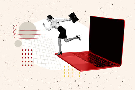 3D photo collage template trend artwork sketch of office manager worker business human resources young woman run huge laptop aim goalの写真素材