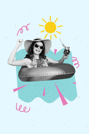 Pop banner trendy vertical photo collage of happy girl swim sea wear lifebuoy hold cocktail beverage...