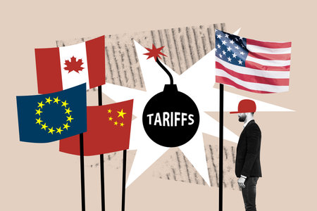Trend artwork poster collage of bomb tariffs man stand usa flag canada china eu geo politics international relation government diplomacyの写真素材