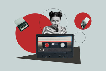 Zine banner full photo collage of happy girl guy listen music retro cassette playlist celebration holiday chill melody relaxの写真素材