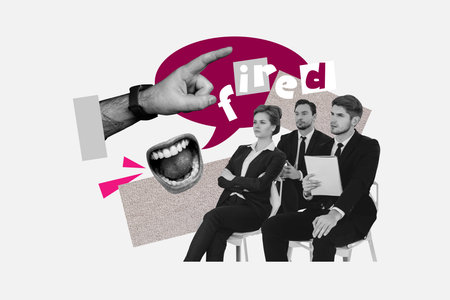 Full 3d poster art collage of serious business men girl sit chair boss mouth hand point fired bubble termination staff problemの写真素材