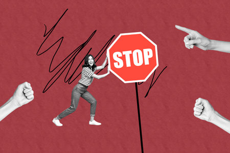 Trend artwork banner 3D collage of young lady walk hand push stop banner hate domestic problem stop bullying harassment finger point fistの写真素材
