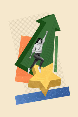 Pop zine 3d image collage of happy businesswoman jump arrow development statistics star best mark success achievement chanceの写真素材