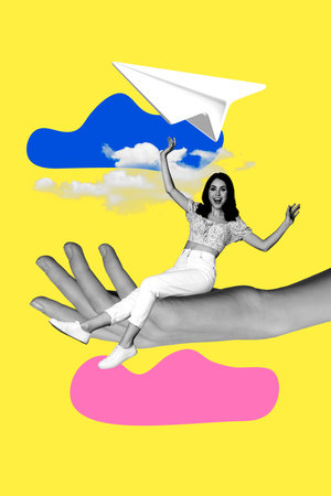 Composite sketch design artwork 3D photo collage of dream flight freedom hand hold young woman sit...