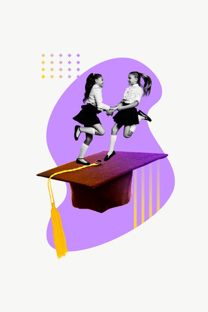 Composite 3D photo collage template of huge size graduate cap two classmates young girl play university courses education school septemberの写真素材