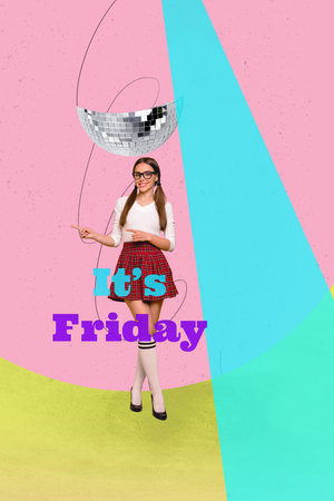 3d sketch image vertical collage of happy girl guy dance disco ball friday mood celebration party chill occasion enjoy nightclubの写真素材