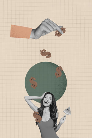 Banner vertical art collage of happy businesswoman businessman stand dollar currency hand pour money jackpot millionaireの写真素材