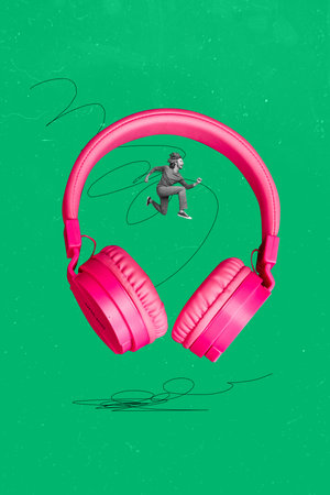 Template sketch image composite artwork collage of huge size headphones small man jump psychedelic entertainment clubber night occasionの写真素材