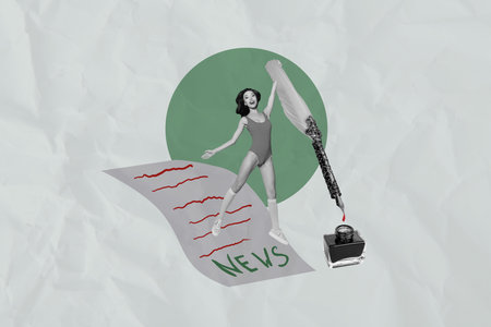 Poster trend collage of person stand on news paper with ink pen on green backgroundの写真素材