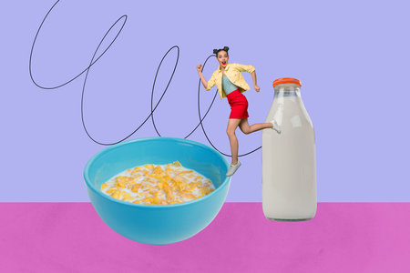 Full 3d zine pop trend collage of happy girl guy dance cereal bowl milt bottle granola breakfast...